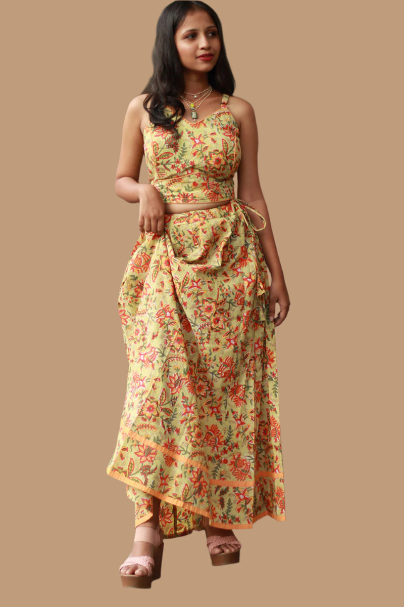 Tarangini | Kalidar Skirt | Sanganeri Floral Lime