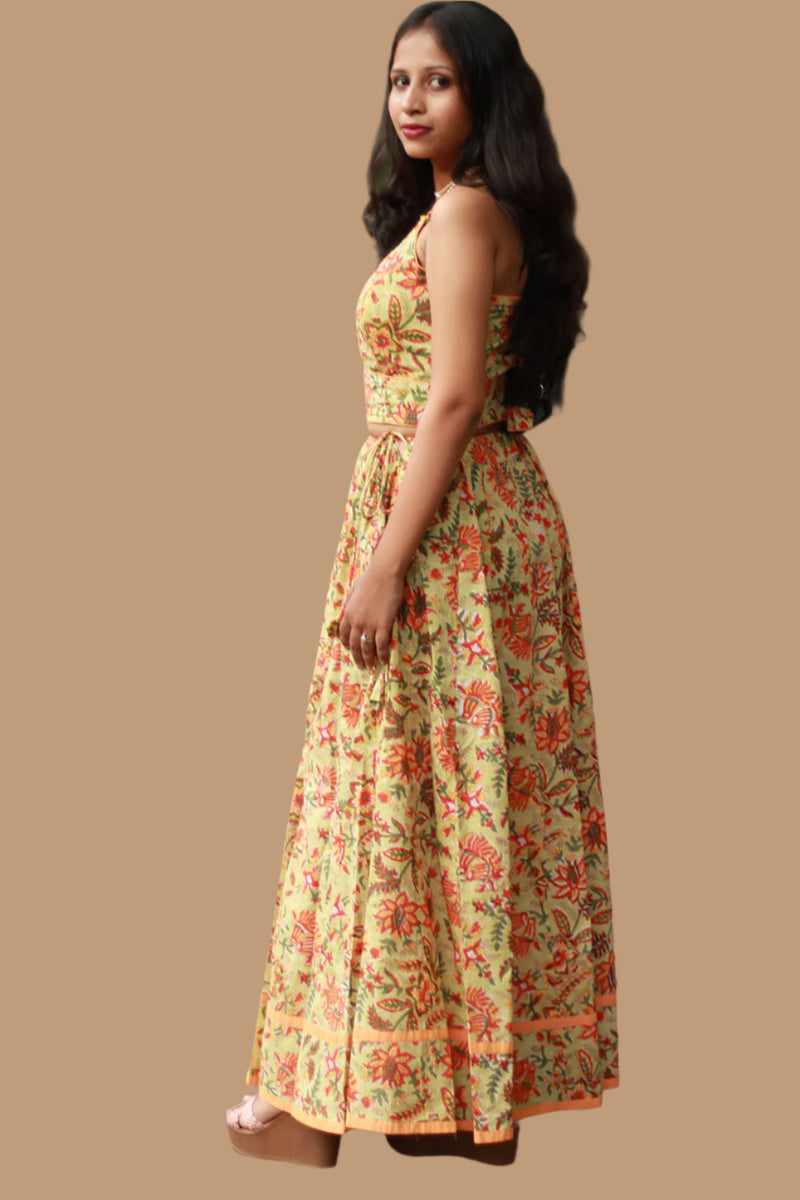 Tarangini | Kalidar Skirt | Sanganeri Floral Lime