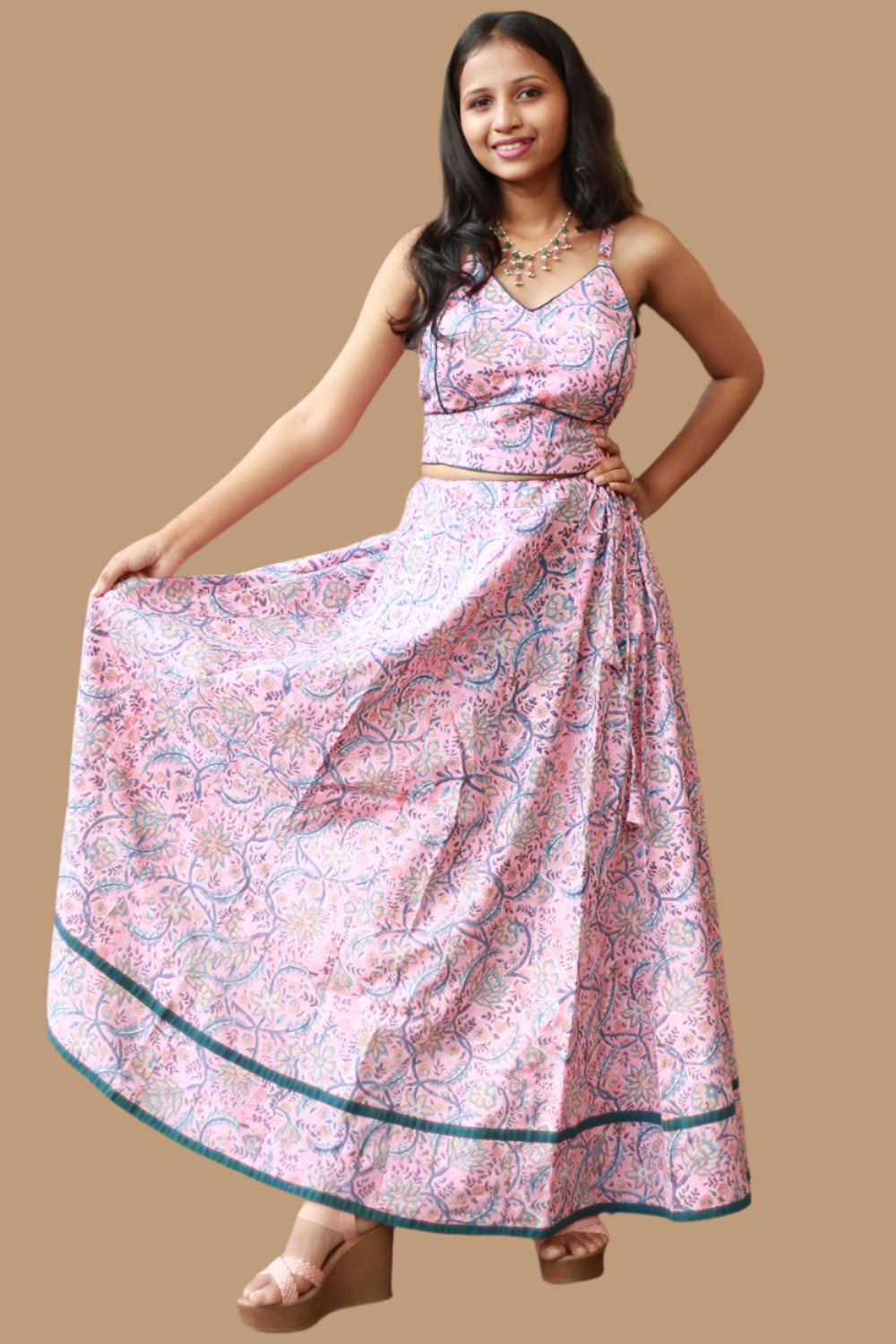 Tarangini | Kalidar Skirt | Sanganeri Floral Pink