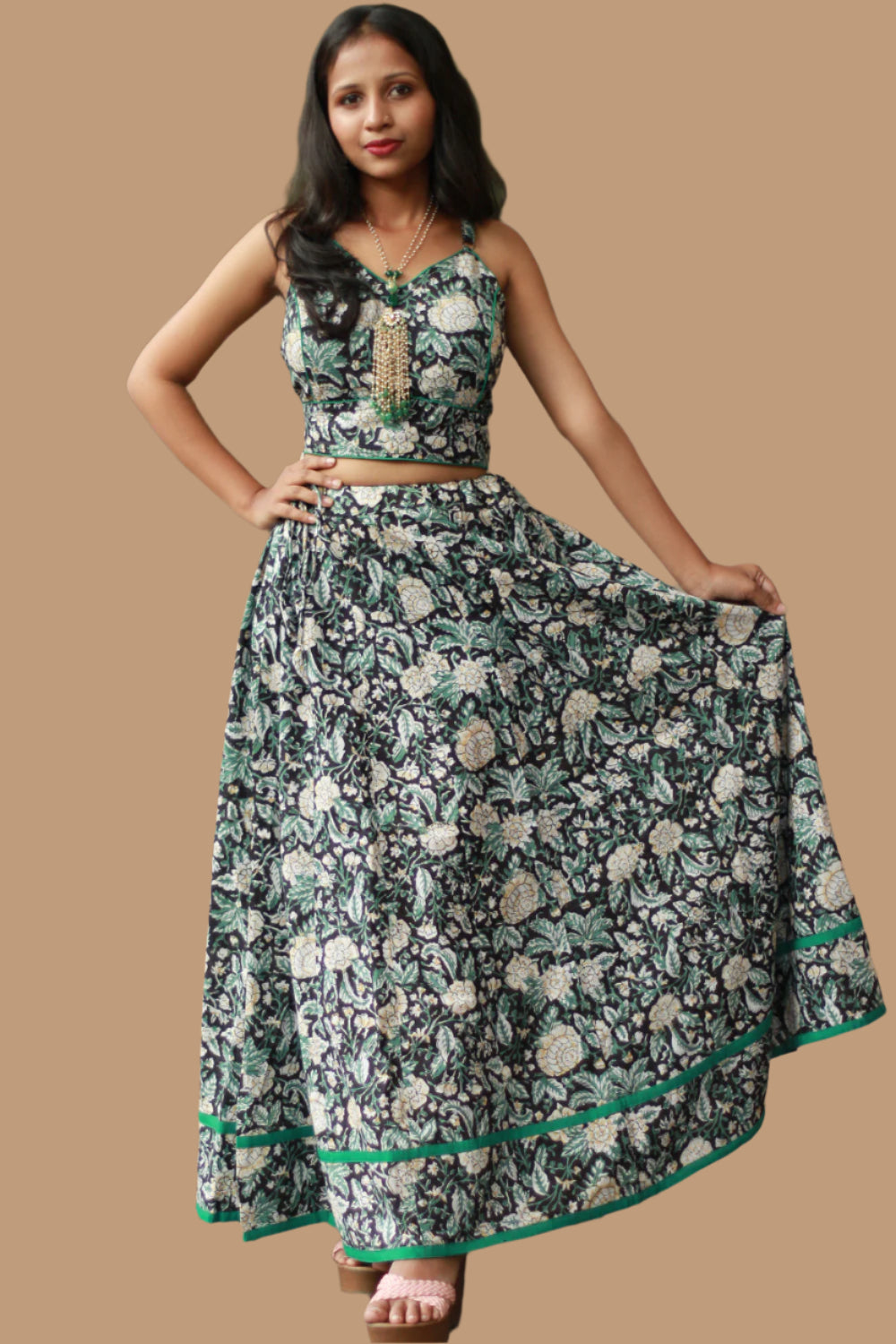 Tarangini | Kalidar Skirt | Sanganeri Floral Black