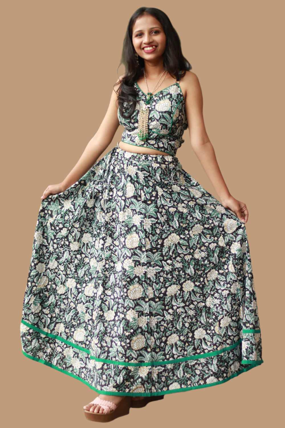 Tarangini | Kalidar Skirt | Sanganeri Floral Black