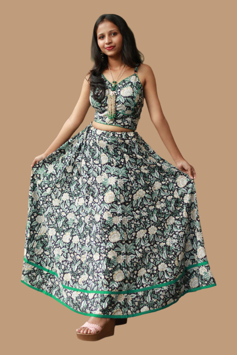 Tarangini | Kalidar Skirt | Sanganeri Floral Black