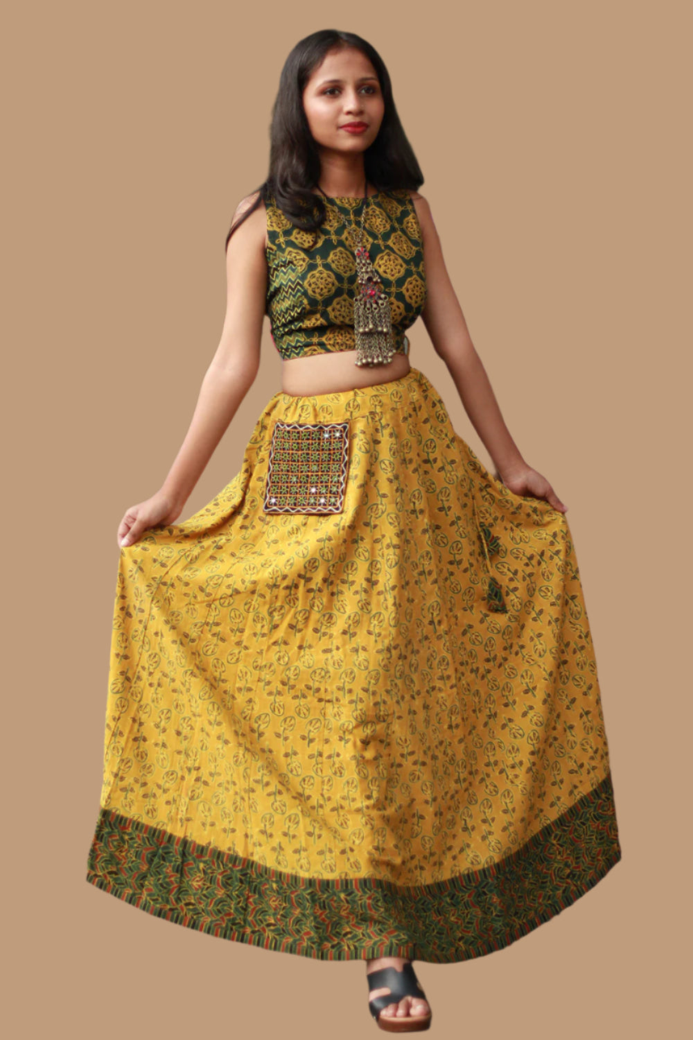 Viharini | Kalidar Skirt | Ajrakh Kali Yellow