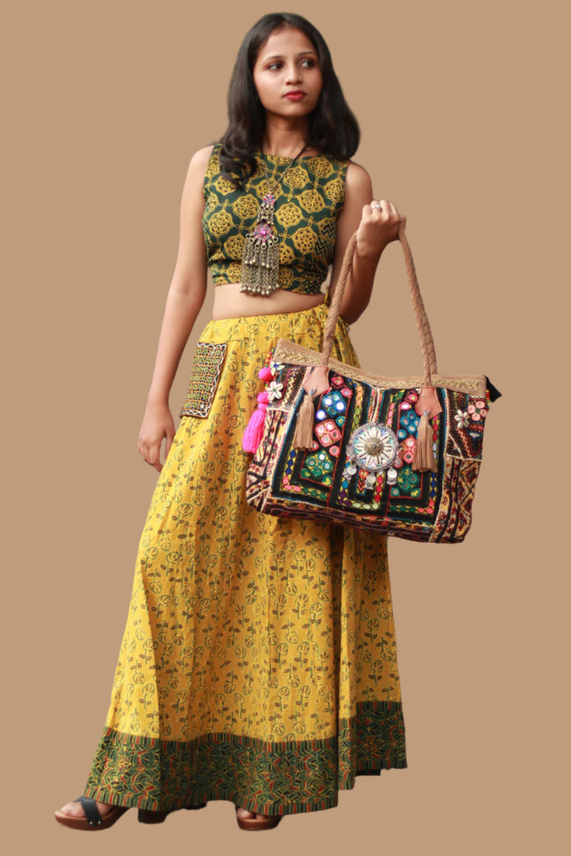 Viharini | Kalidar Skirt | Ajrakh Kali Yellow