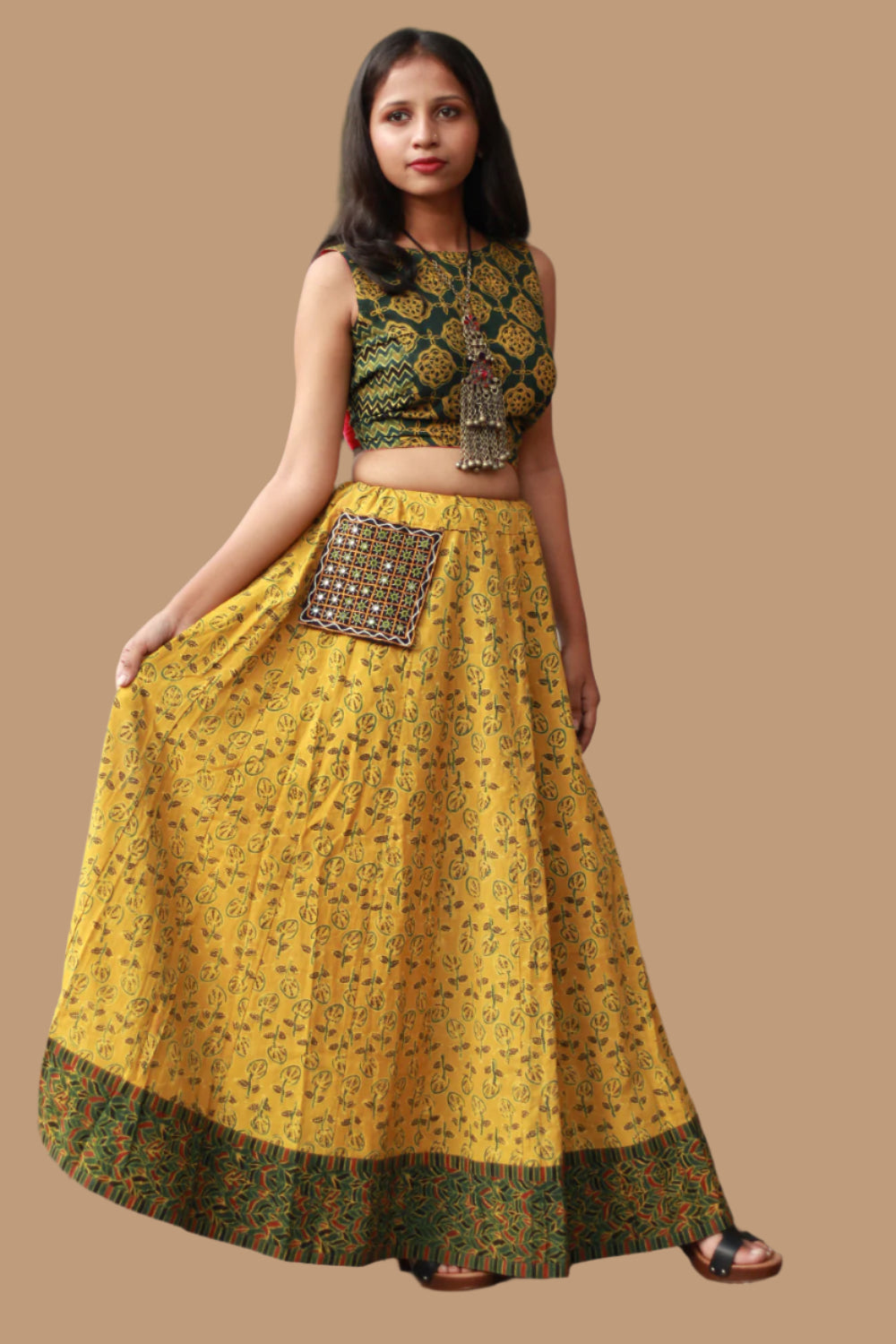 Viharini | Kalidar Skirt | Ajrakh Kali Yellow
