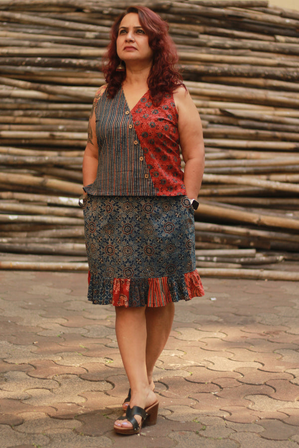 Bhoomi | Sleeveless Crossover Top | Indigo Stripes with Madder Circles Ajrakh