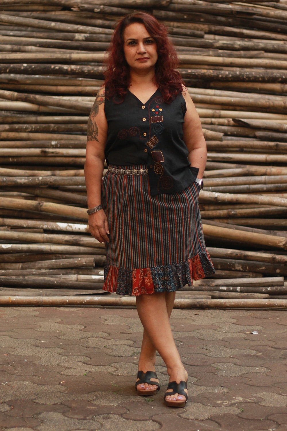 Manchali | Short Skirt | Indigo Stripes Ajrakh