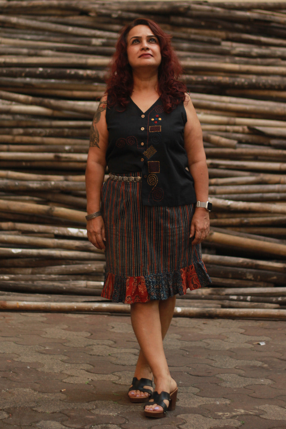 Dhaariyan | Manchali | Short Skirt | Indigo Stripes Ajrakh