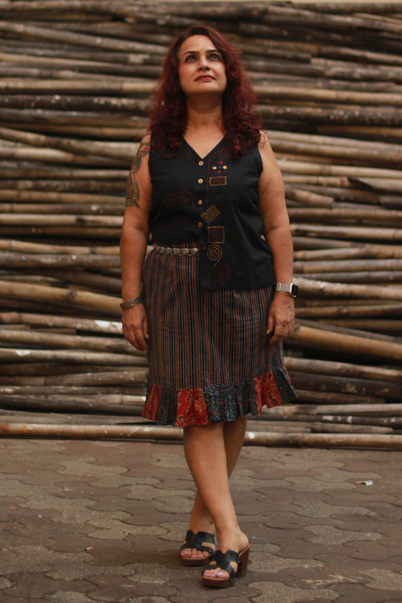 Manchali | Short Skirt | Indigo Stripes Ajrakh