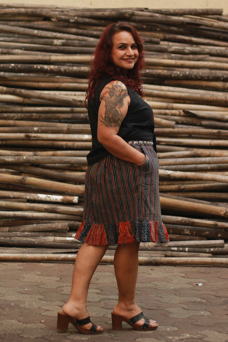 Manchali | Short Skirt | Indigo Stripes Ajrakh