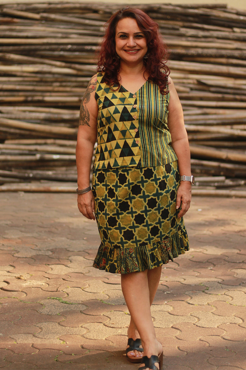 Manchali | Short Skirt | Green Ajrakh Shatkon