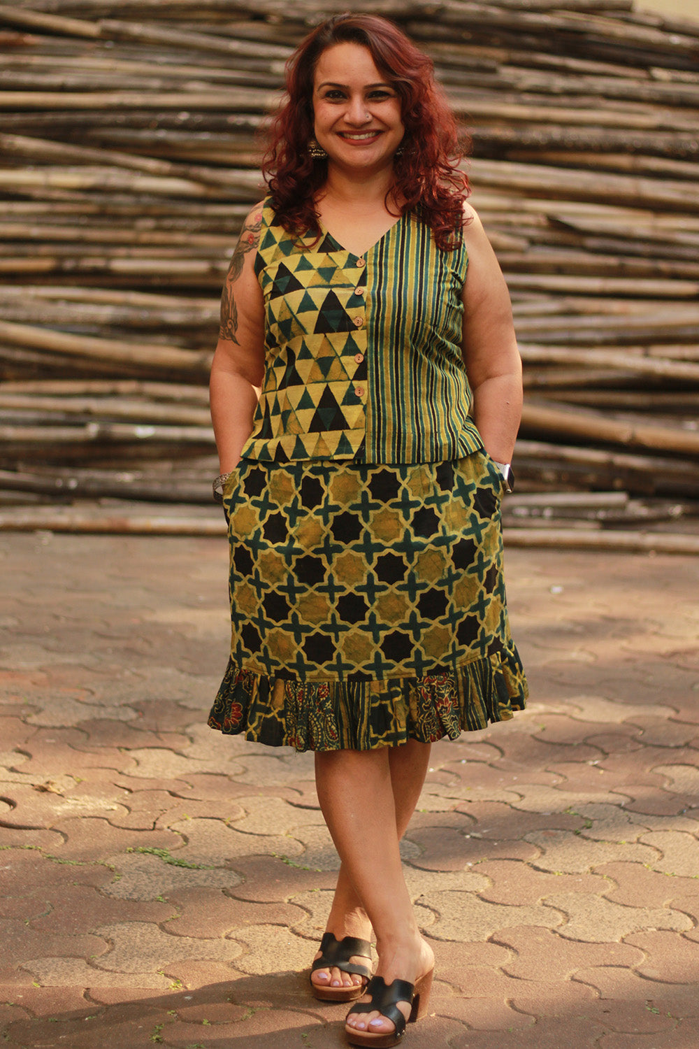 Manchali | Short Skirt | Green Ajrakh Shatkon