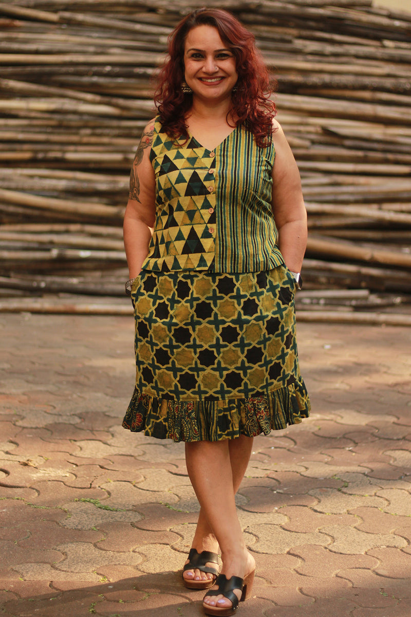 Manchali | Short Skirt | Green Ajrakh Shatkon