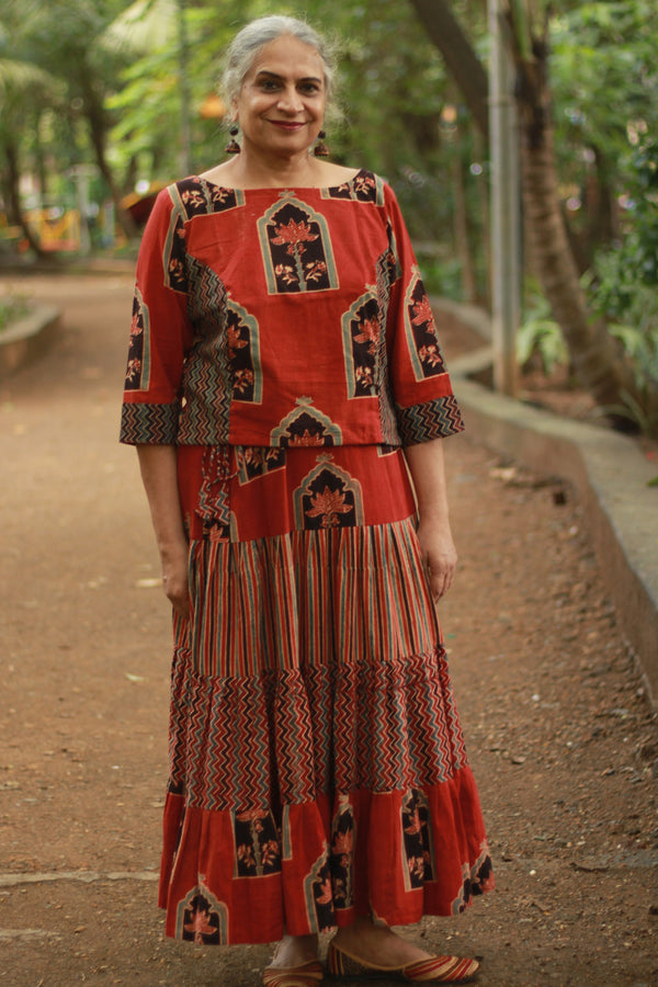 Ghumar | Tiered Long Skirt | Madder Ajrakh Medley