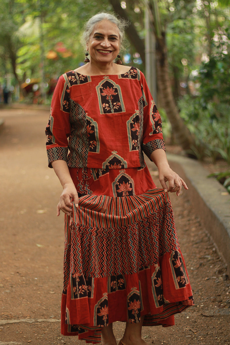 Ghumar | Tiered Long Skirt | Madder Ajrakh Medley