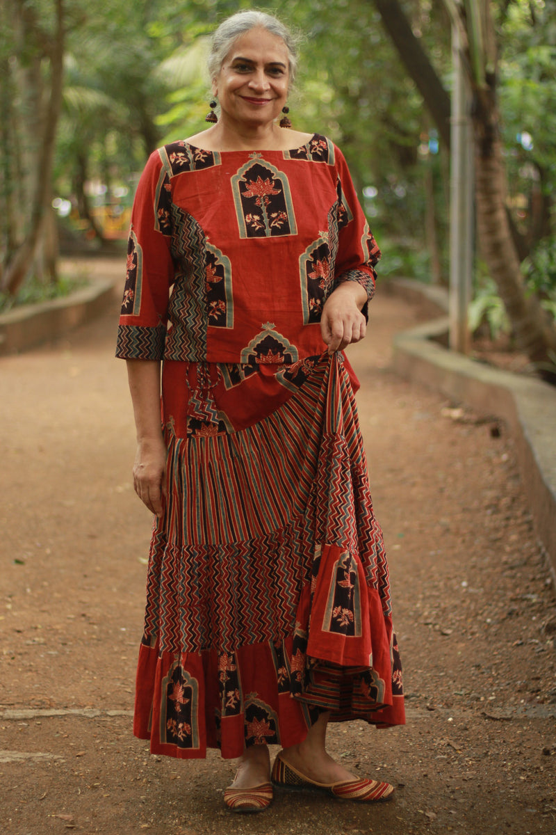 Ghumar | Tiered Long Skirt | Madder Ajrakh Medley