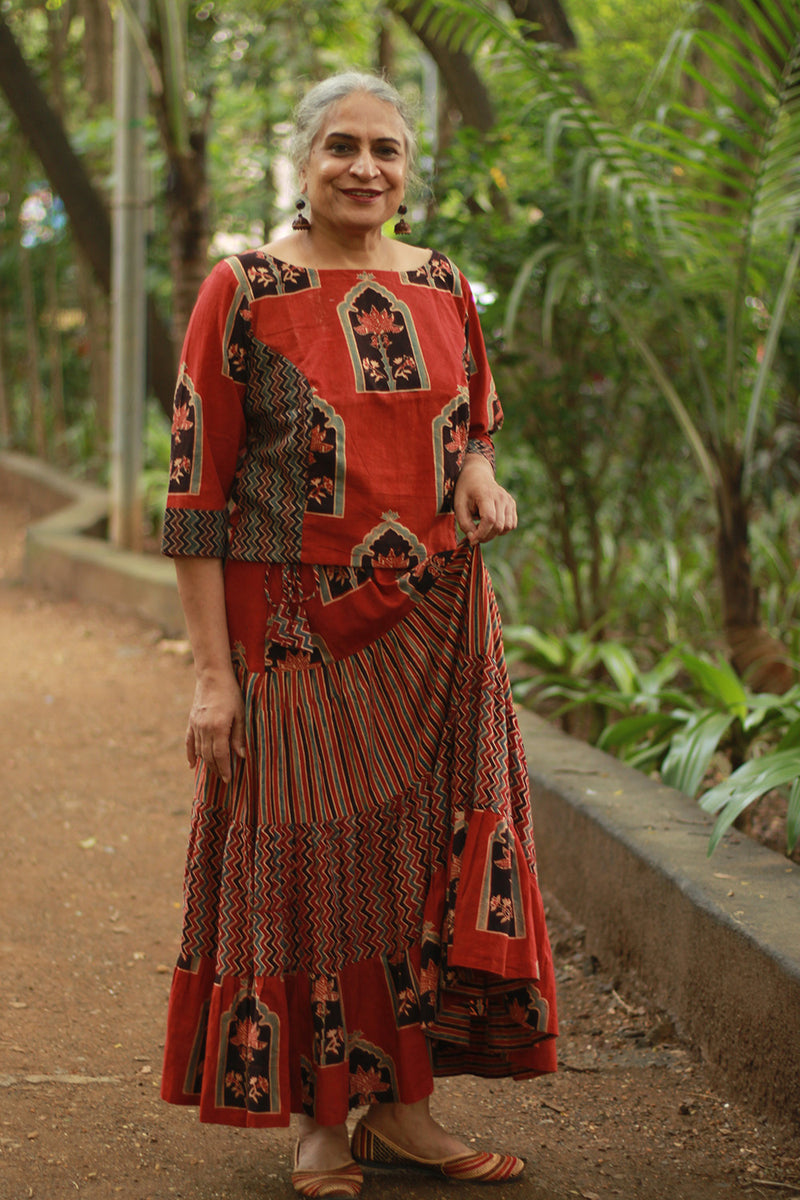 Ghumar | Tiered Long Skirt | Madder Ajrakh Medley