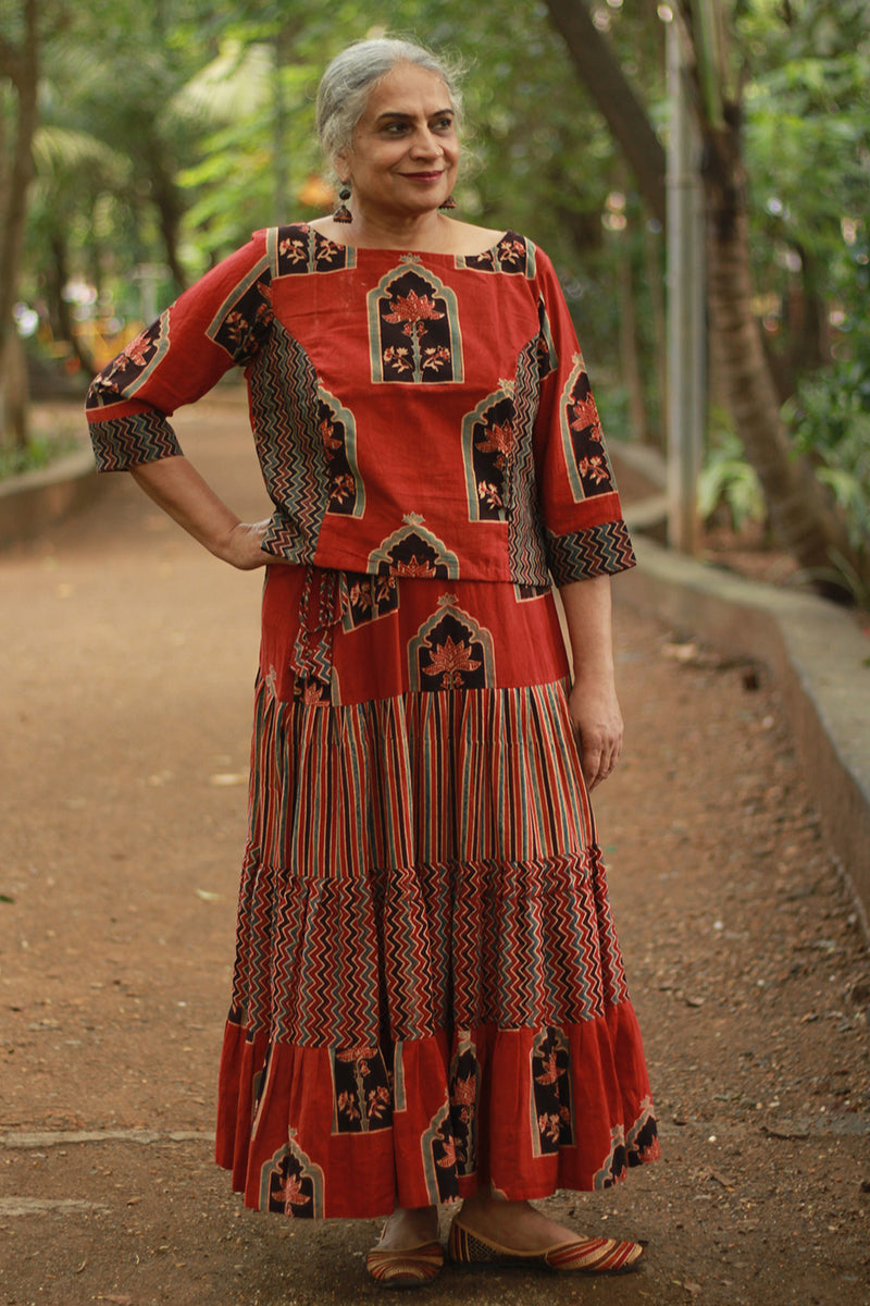 Ghumar | Tiered Long Skirt | Madder Ajrakh Medley