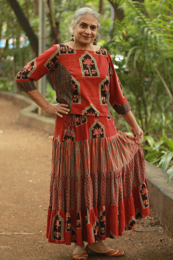 Ghumar | Tiered Long Skirt | Madder Ajrakh Medley