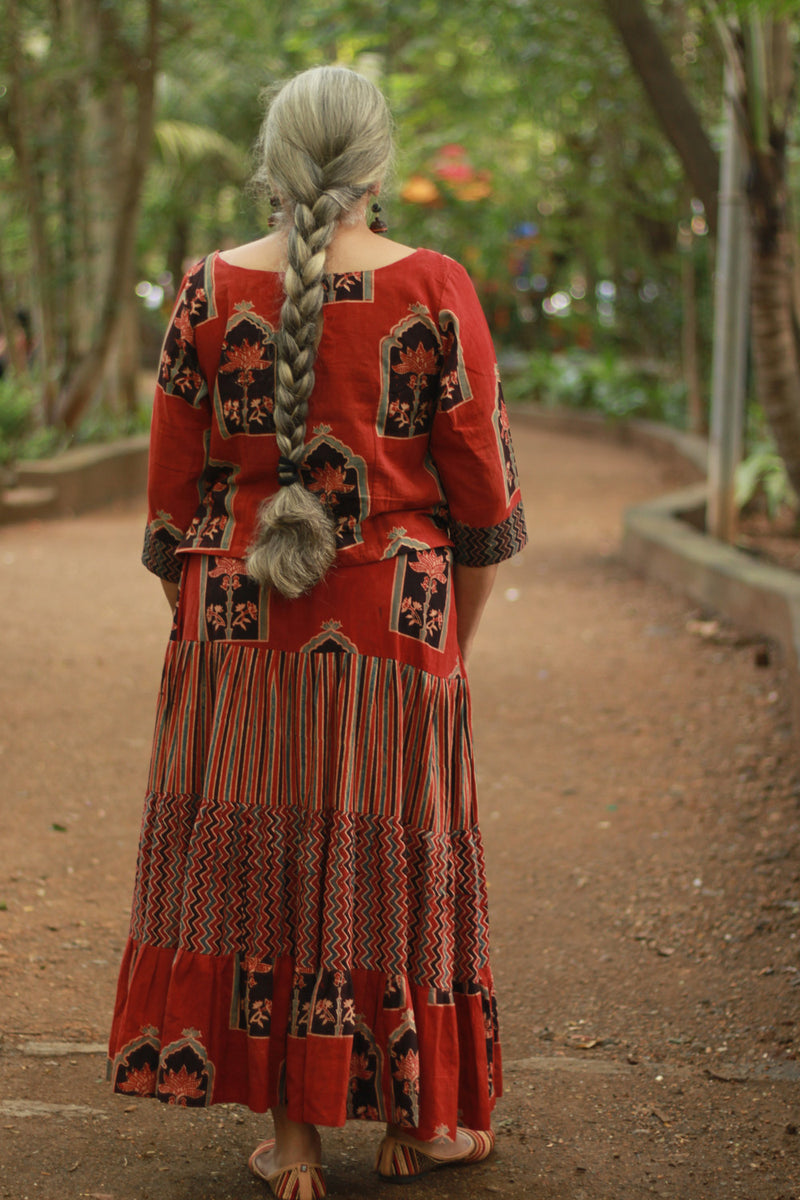Ghumar | Tiered Long Skirt | Madder Ajrakh Medley