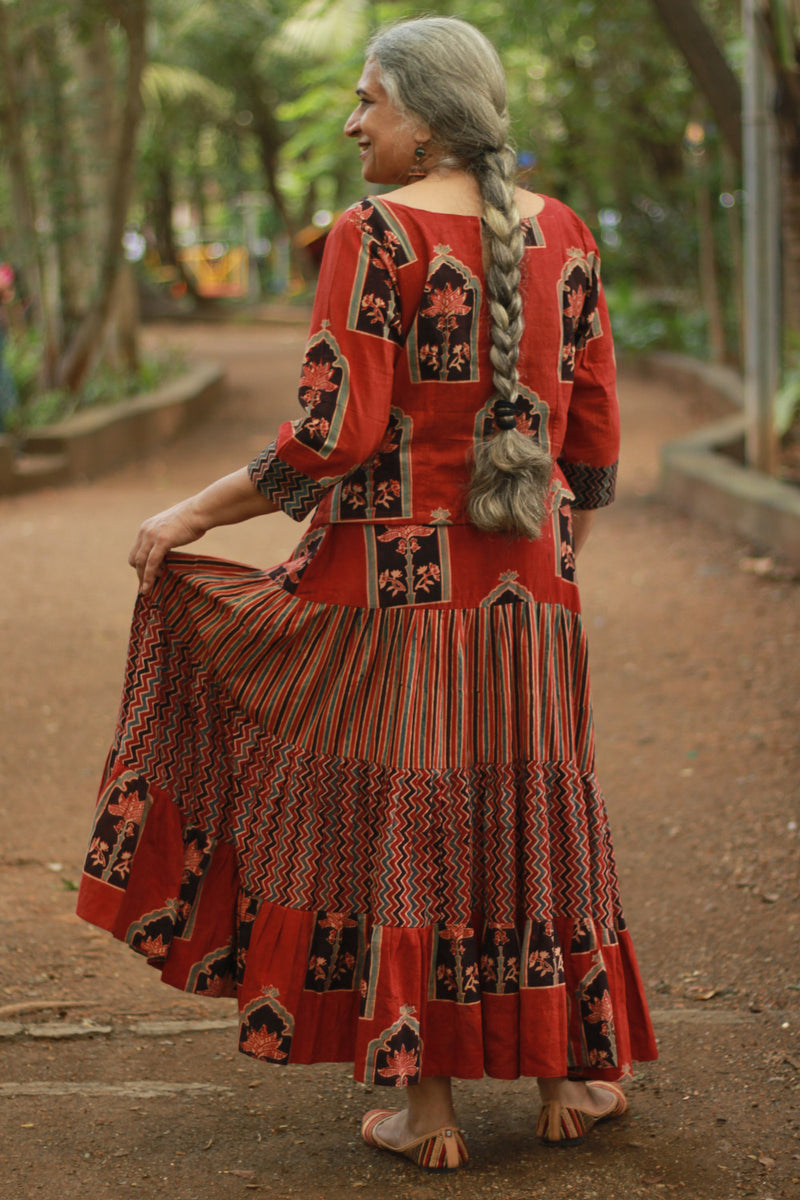 Ghumar | Tiered Long Skirt | Madder Ajrakh Medley