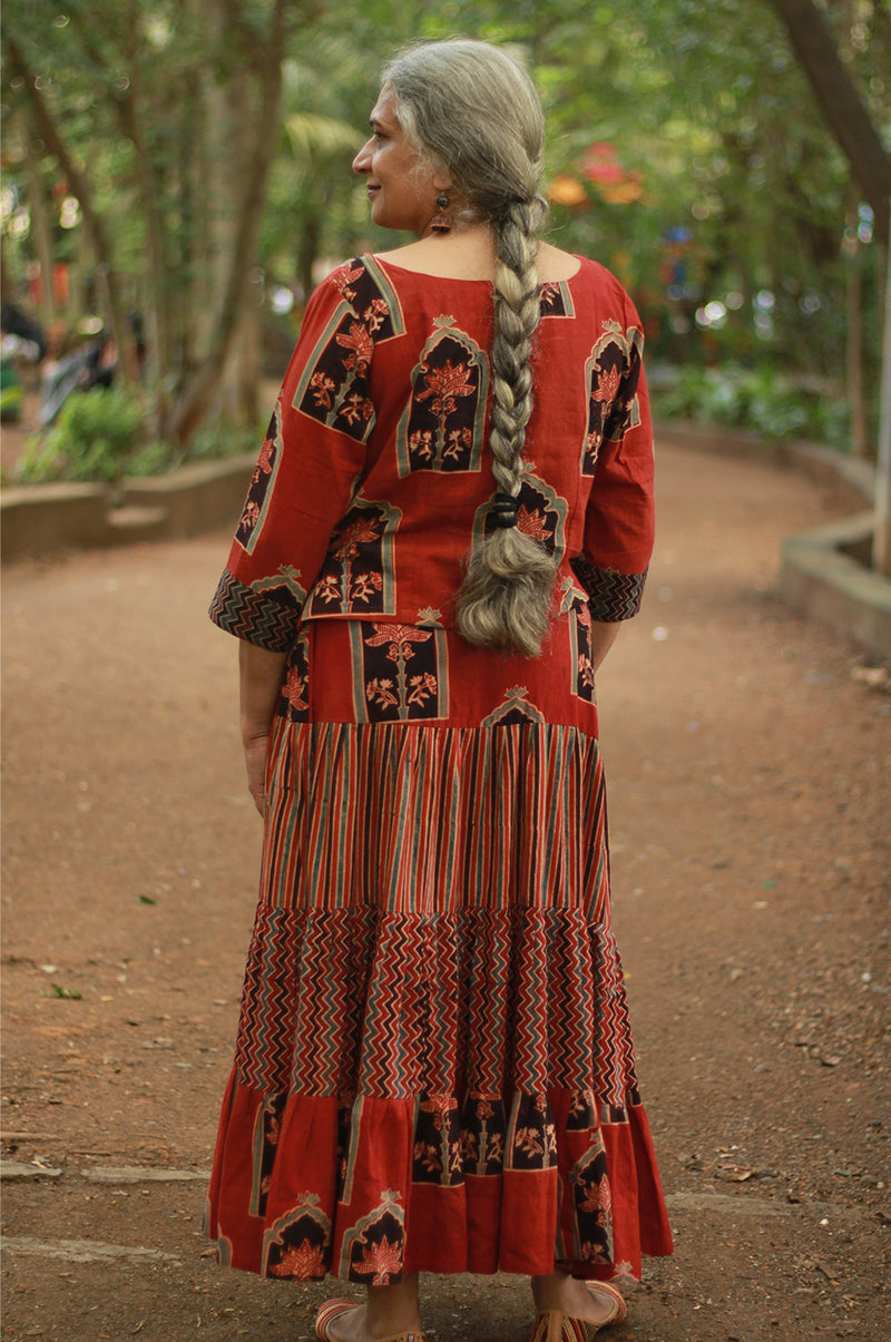 Ghumar | Tiered Long Skirt | Madder Ajrakh Medley