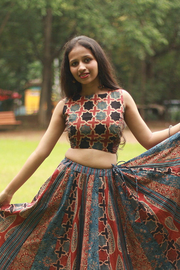 Mastaani | Reversible Blouse | Red Ajrakh Medley & Grey Cotton
