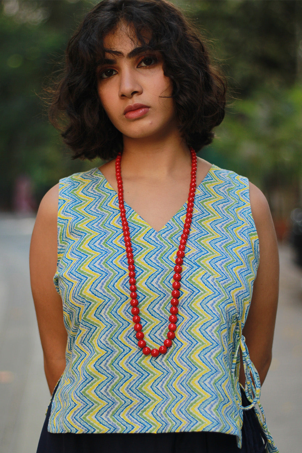 Aabroo | Sleeveless Angarkha Crop Top | Lime Green Sanganeri
