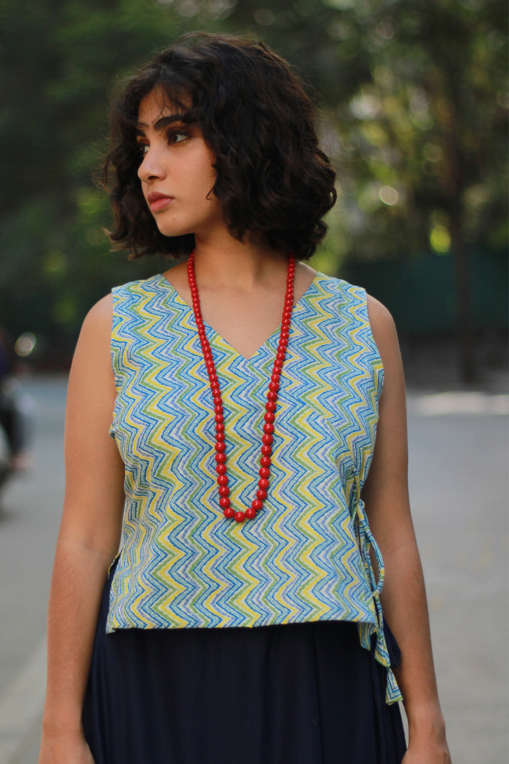 Aabroo | Sleeveless Angarkha Crop Top | Lime Green Sanganeri