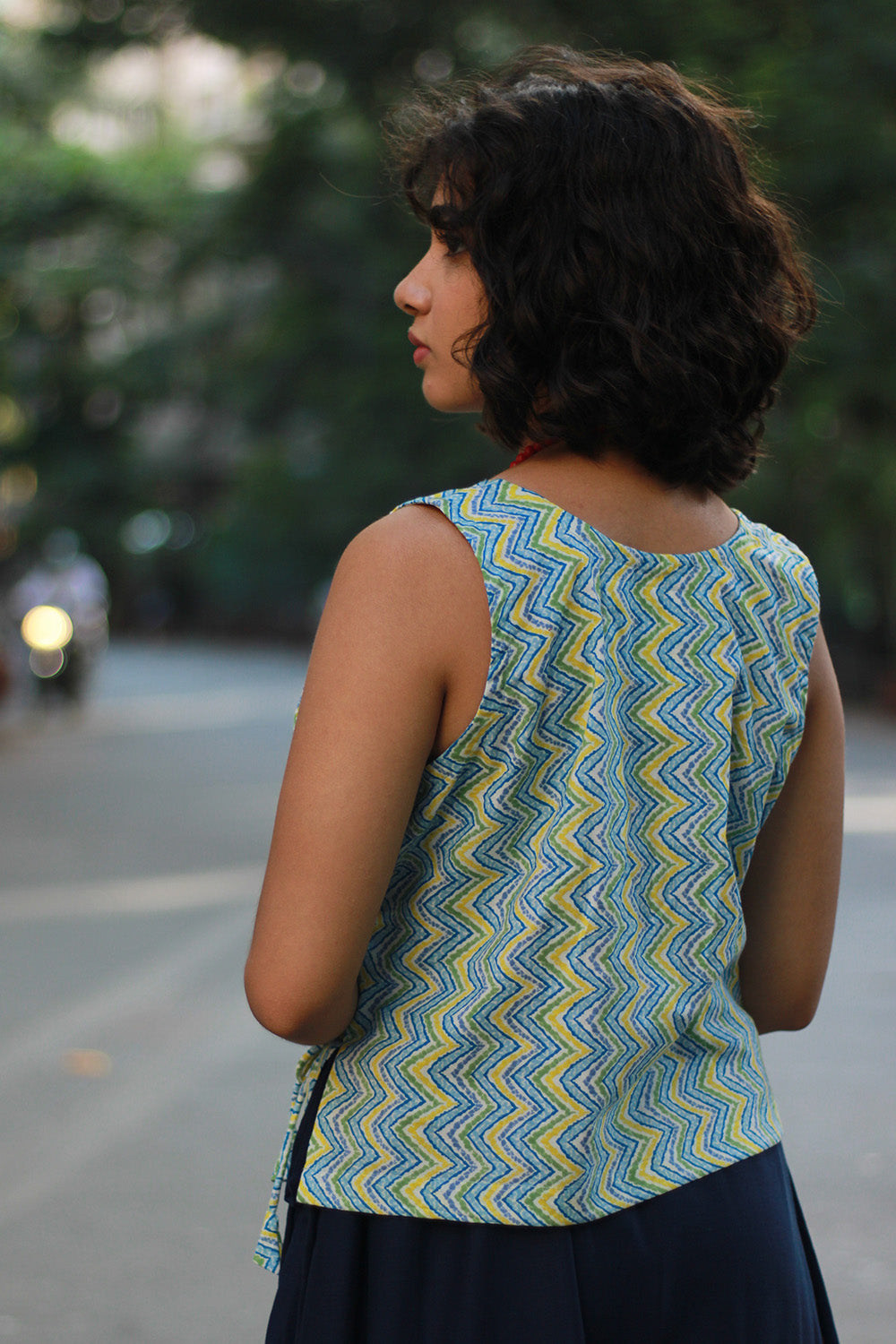 Aabroo | Sleeveless Angarkha Crop Top | Lime Green Sanganeri