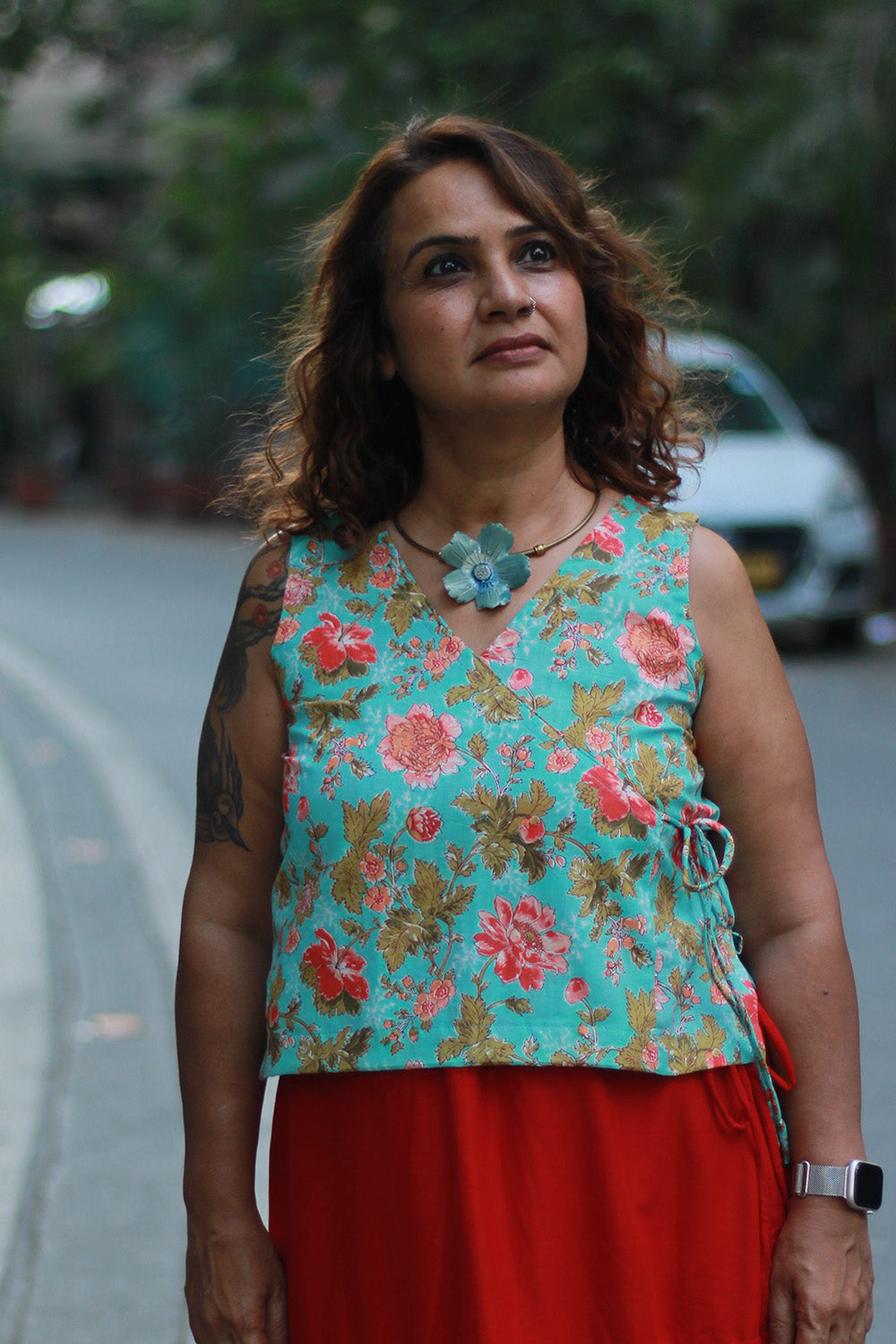 Aabroo | Sleeveless Angarkha Crop Top | Teal Sanganeri