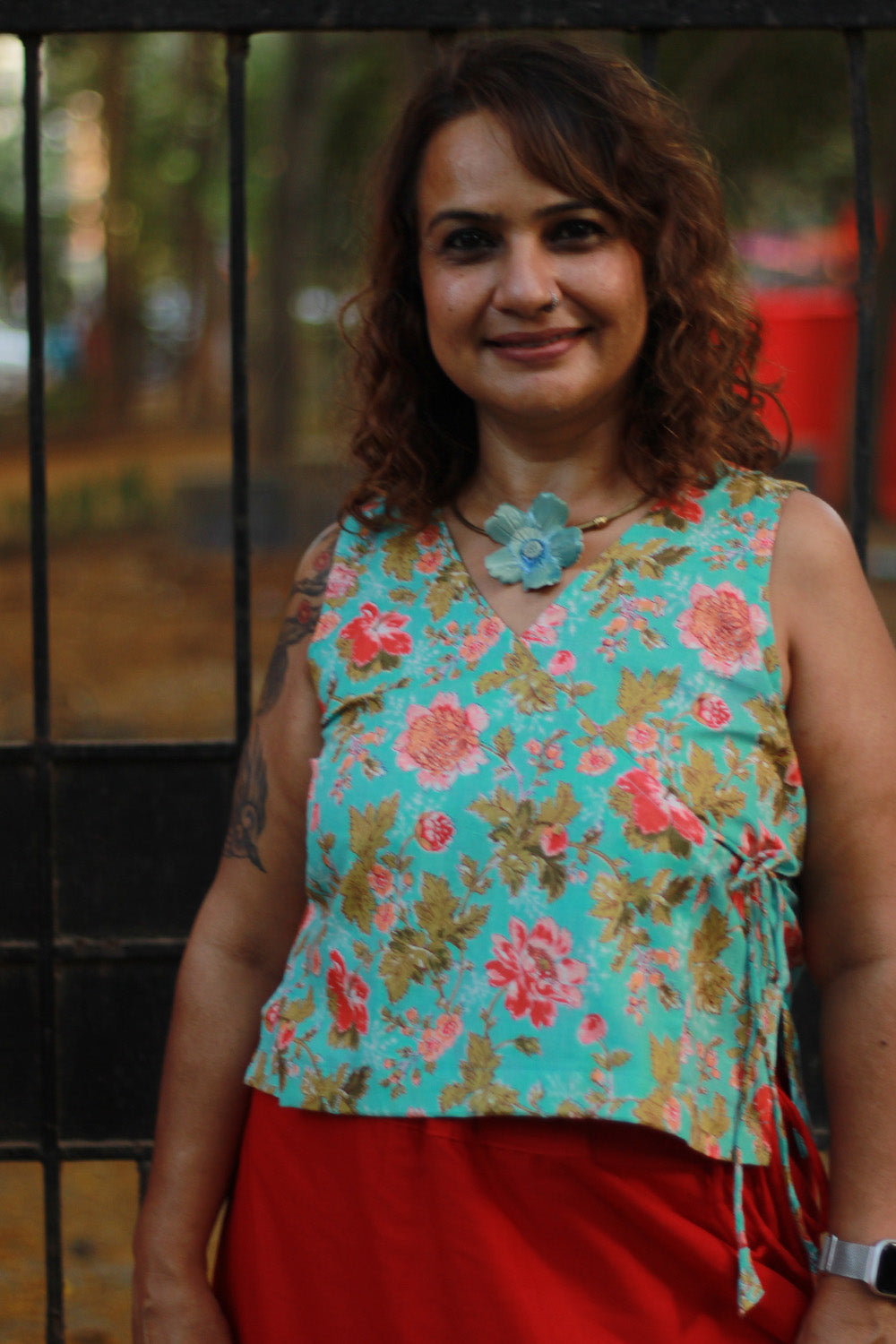 Aabroo | Sleeveless Angarkha Crop Top | Teal Sanganeri