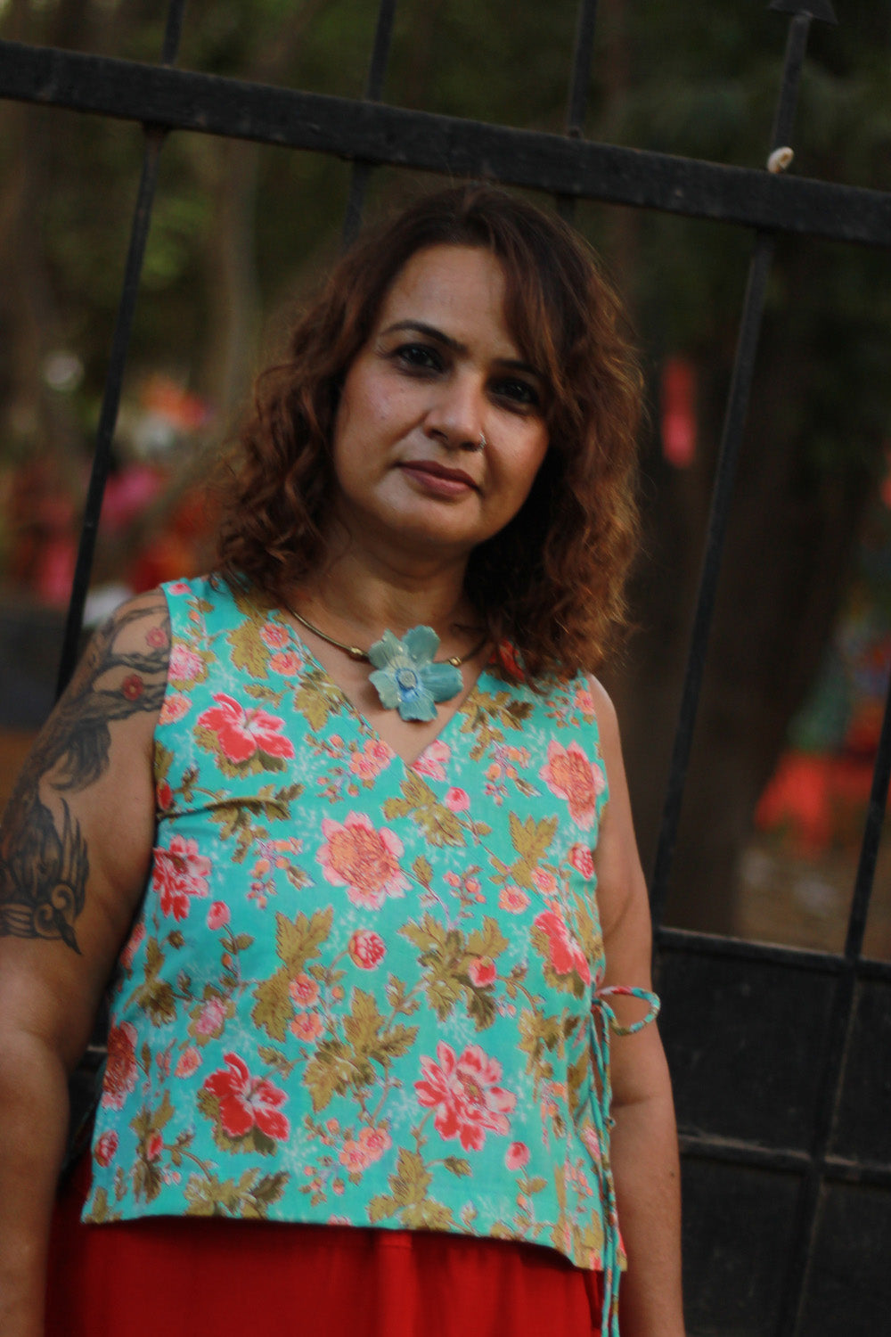 Aabroo | Sleeveless Angarkha Crop Top | Teal Sanganeri