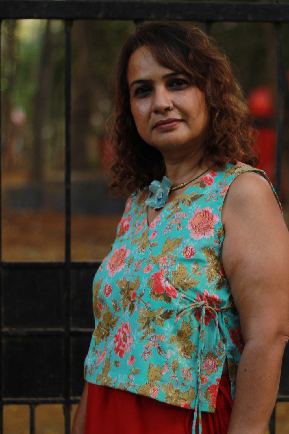 Aabroo | Sleeveless Angarkha Crop Top | Teal Sanganeri