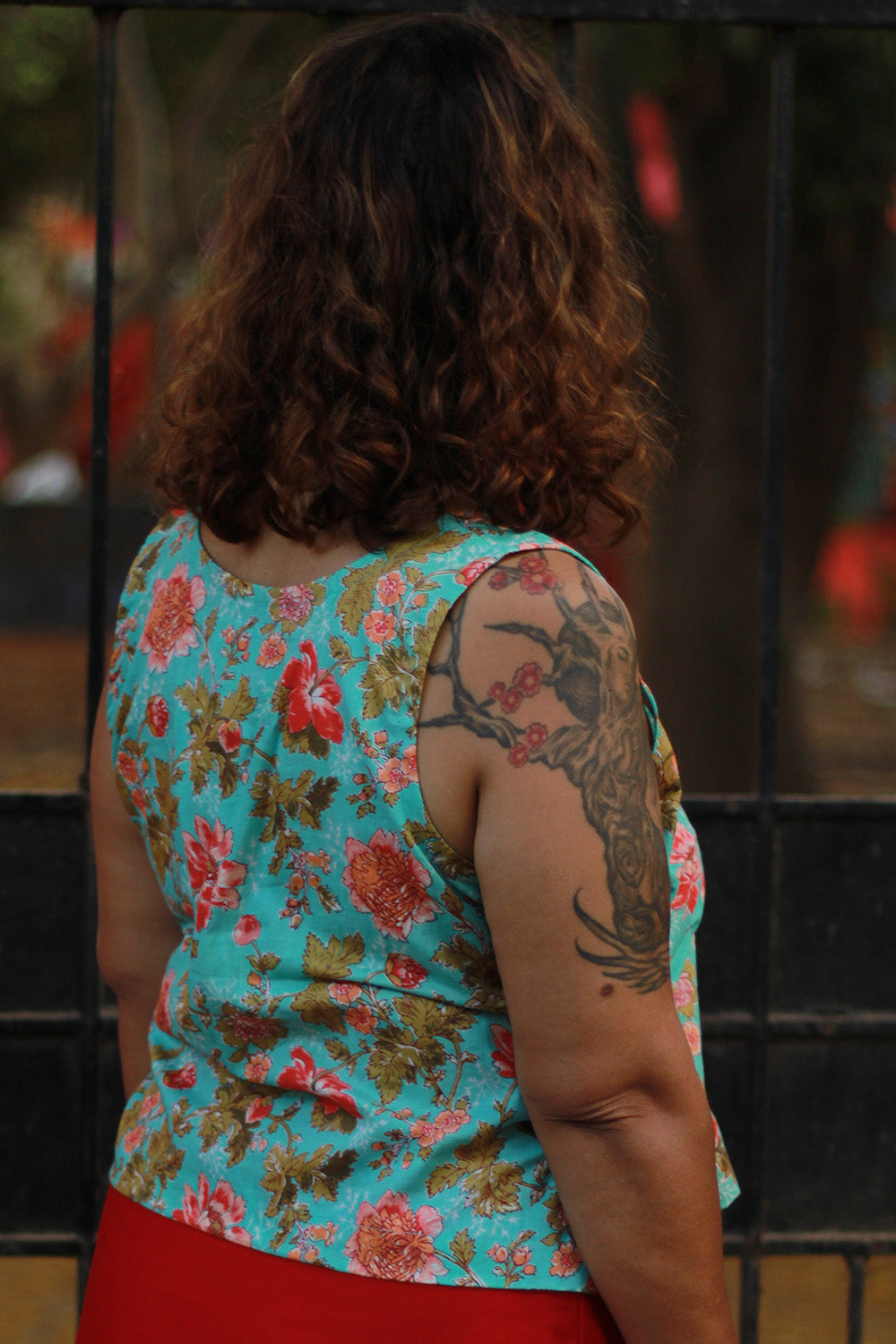 Aabroo | Sleeveless Angarkha Crop Top | Teal Sanganeri
