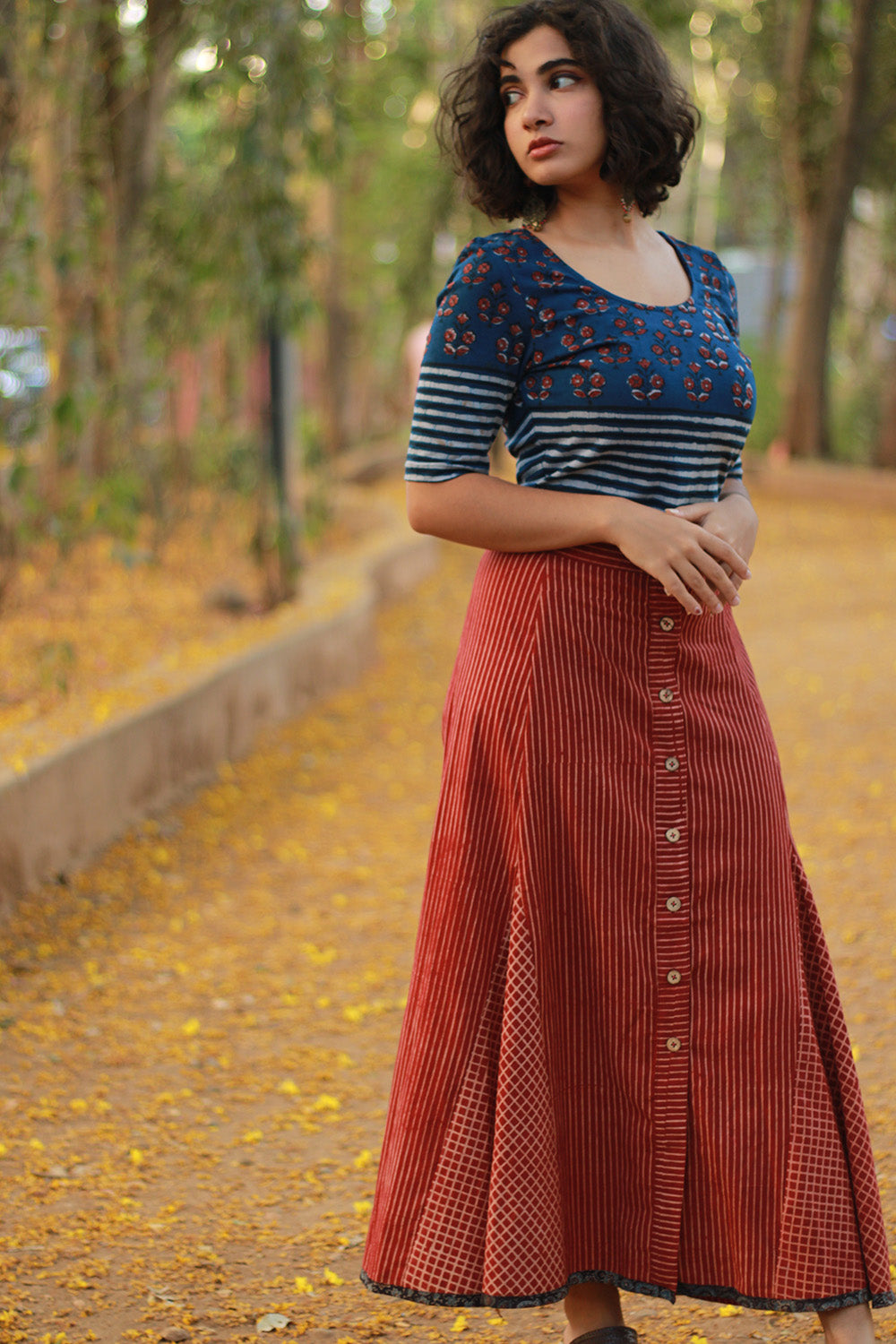 Aranya | Front-Buttoned Skirt | Madder Stripes Ajrakh