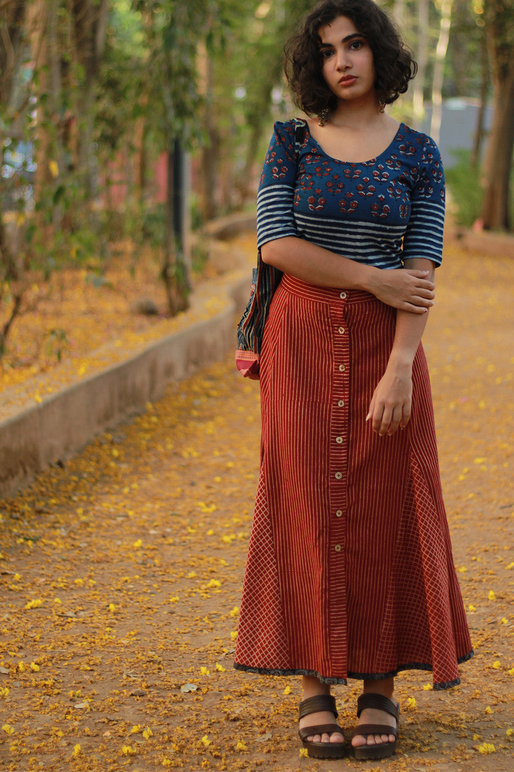 Aranya | Front-Buttoned Skirt | Madder Stripes Ajrakh