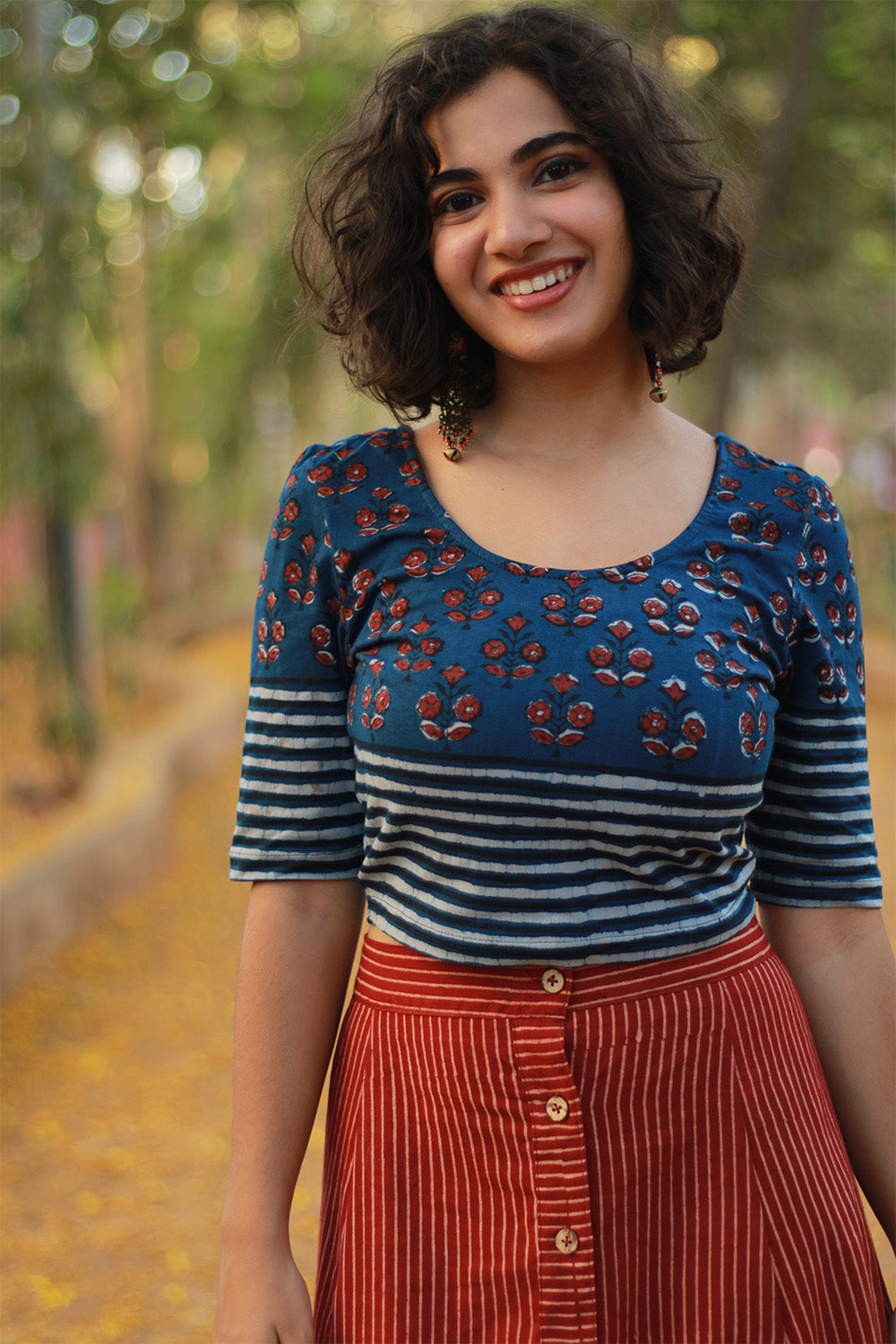 Kirgiti | Stretchable Blouse / Crop Top | Indigo Buta and Striped Dabu