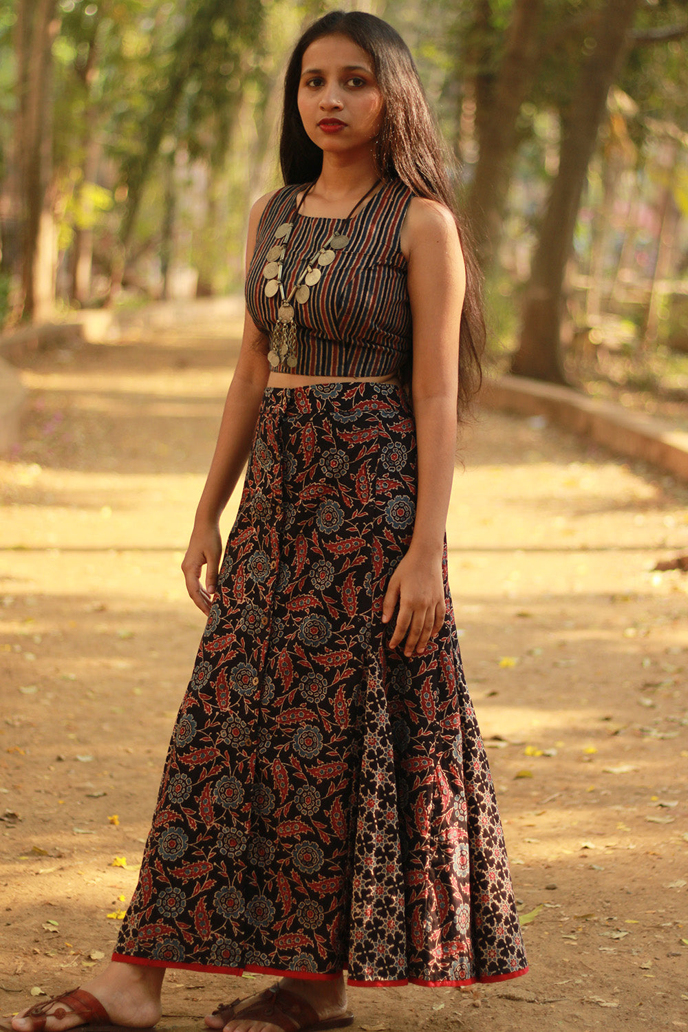 Aranya | Front-Buttoned Skirt | Noir Floral Ajrakh