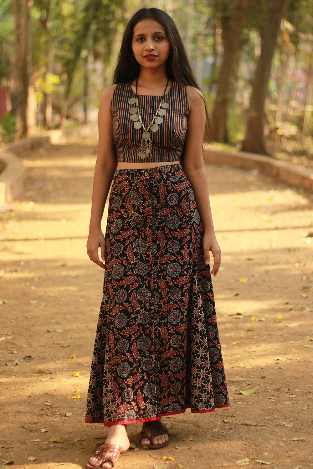 Aranya | Front-Buttoned Skirt | Noir Floral Ajrakh