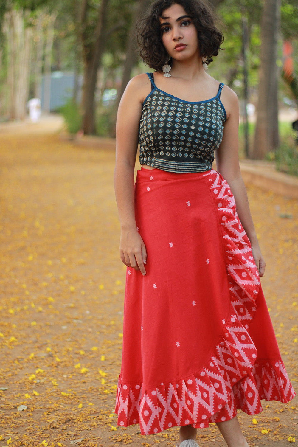 Kirgiti | Stretchable 
Blouse / Crop Top | Grey-Blue Buta and Striped 
Dabu