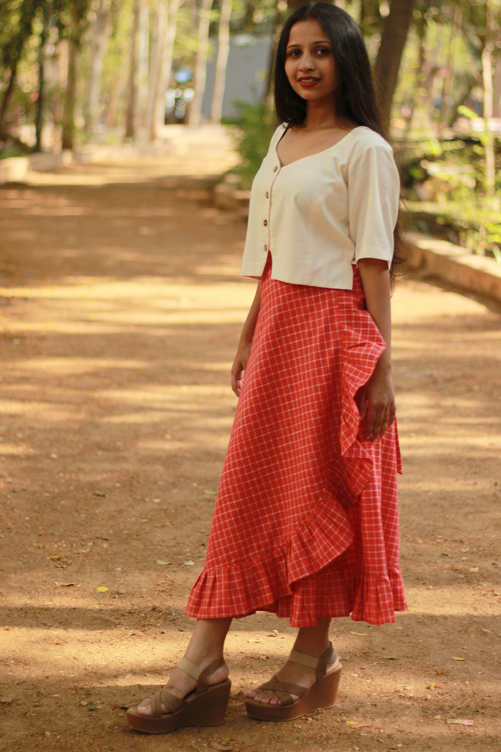 Swara | Wrap Around Frill Skirt | Rouge Checks