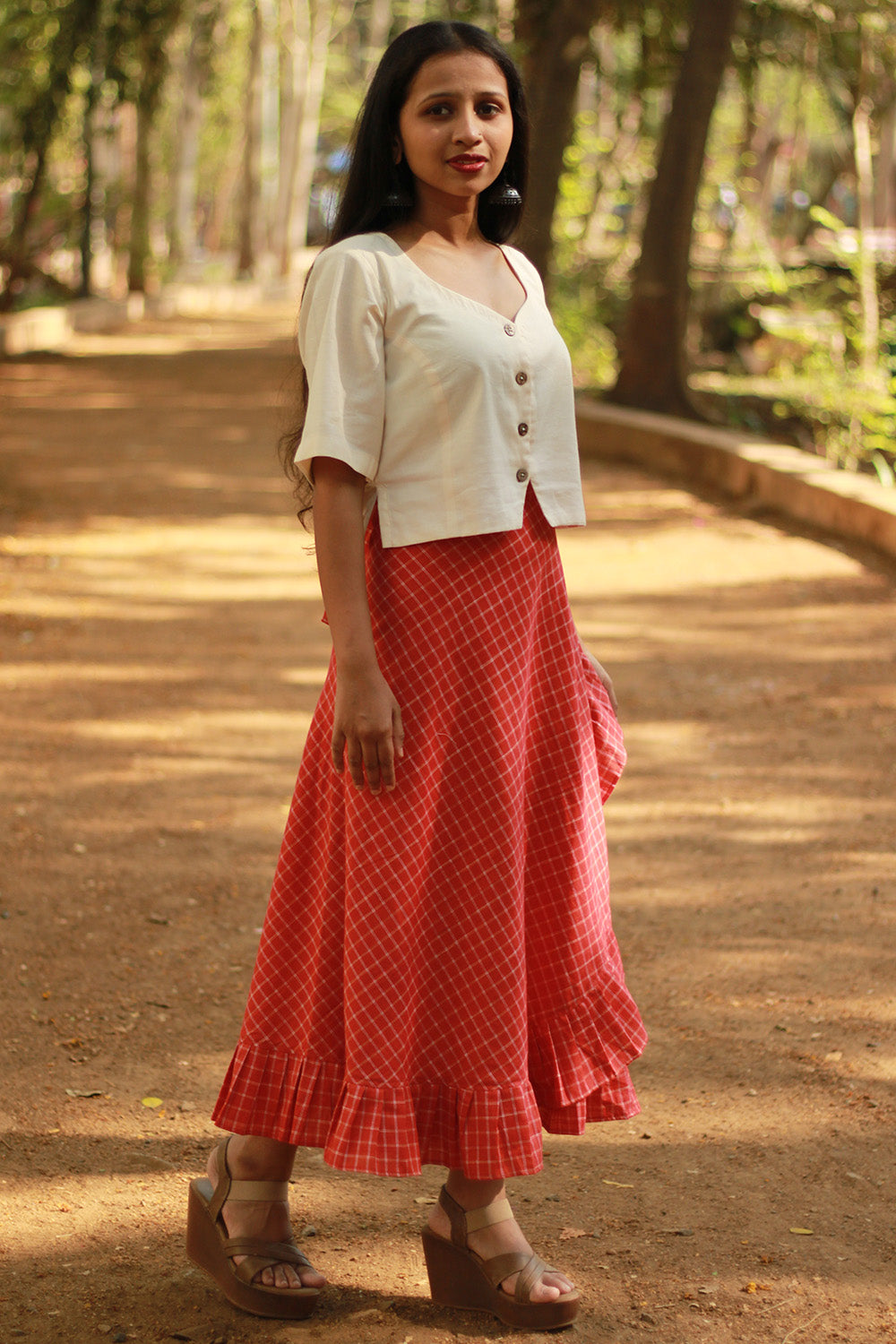 Swara | Wrap Around Frill Skirt | Rouge Checks