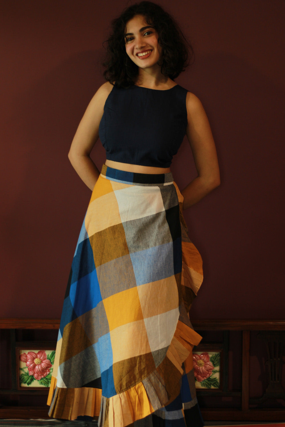 Swara | Wrap Around Frill Skirt | Checkered Medley