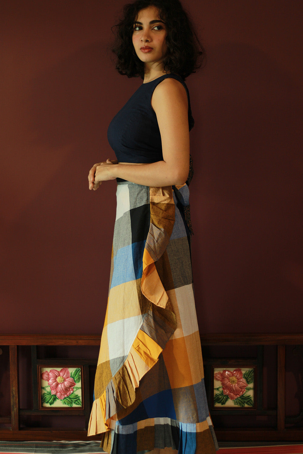 Swara | Wrap Around Frill Skirt | Checkered Medley