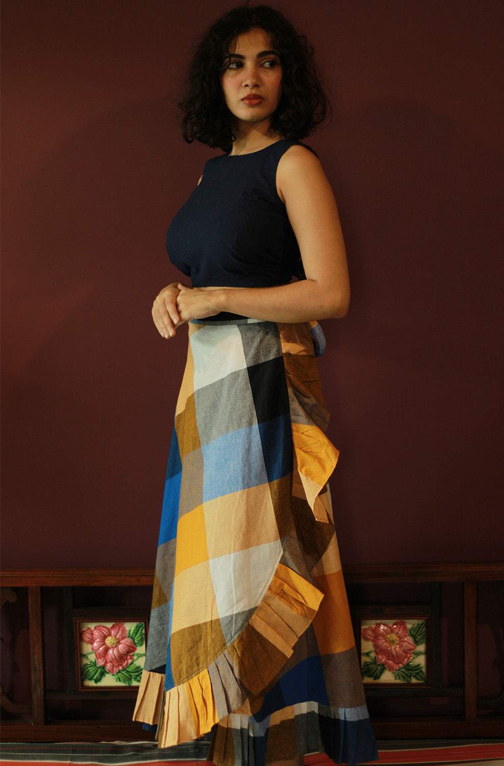 Swara | Wrap Around Frill Skirt | Checkered Medley