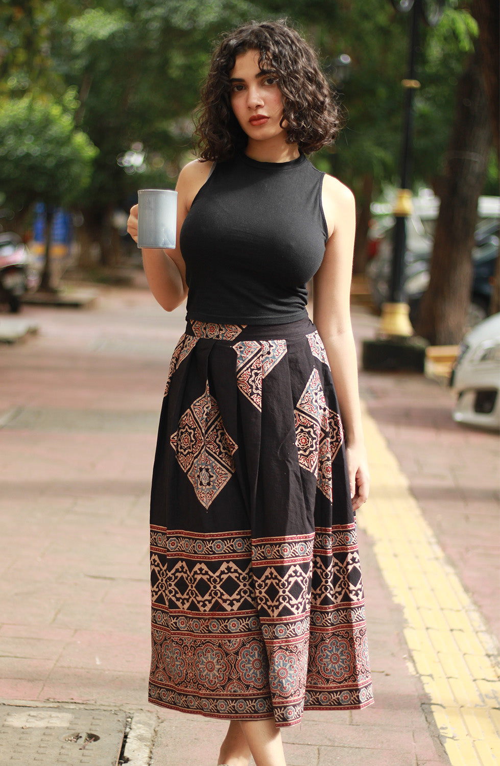 Myra | Box Pleated Midi Skirt | Noir Ajrakh