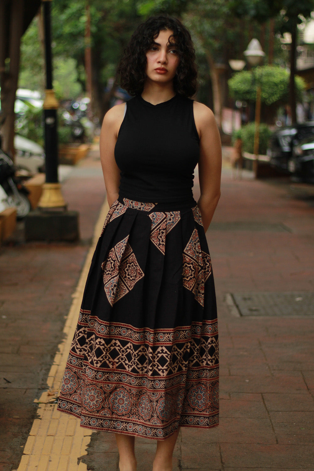 Myra | Box Pleated Midi Skirt | Noir Ajrakh