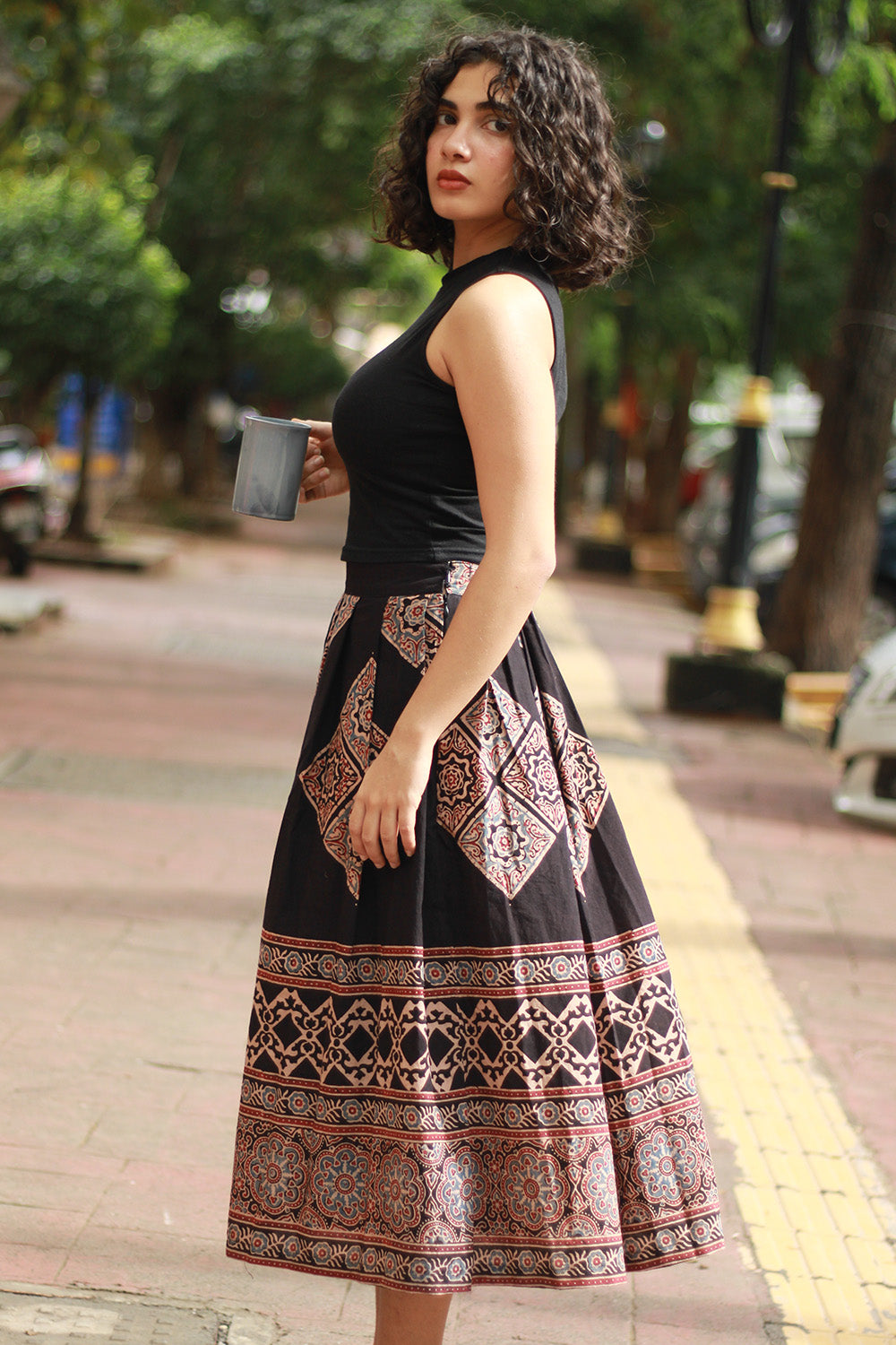 Myra | Box Pleated Midi Skirt | Noir Ajrakh