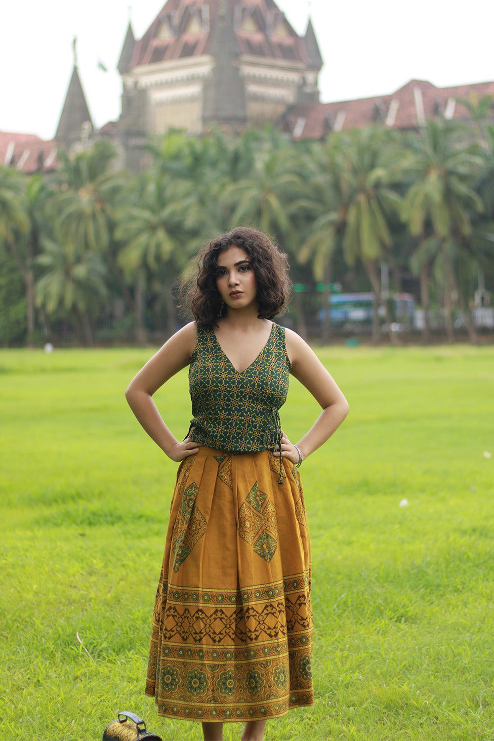 Myra | Box Pleated Midi Skirt | Mustard Ajrakh